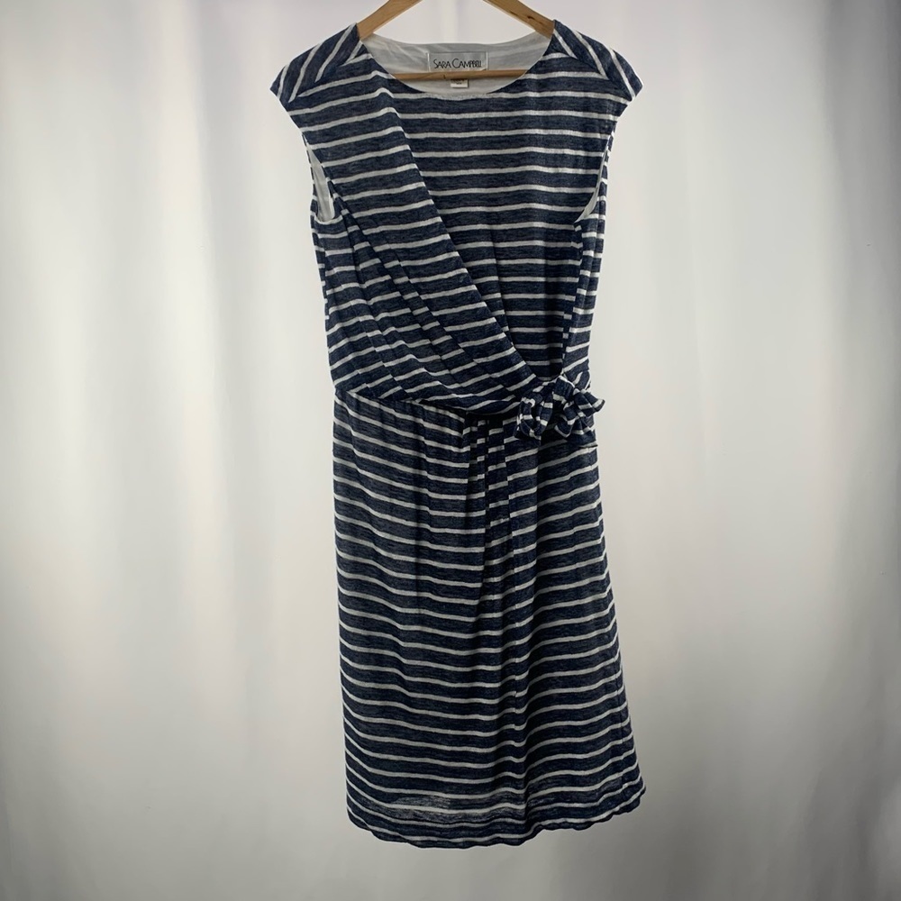 Sara Campbell 100% Linen Sleeveless Striped Dress in Blue Size Small